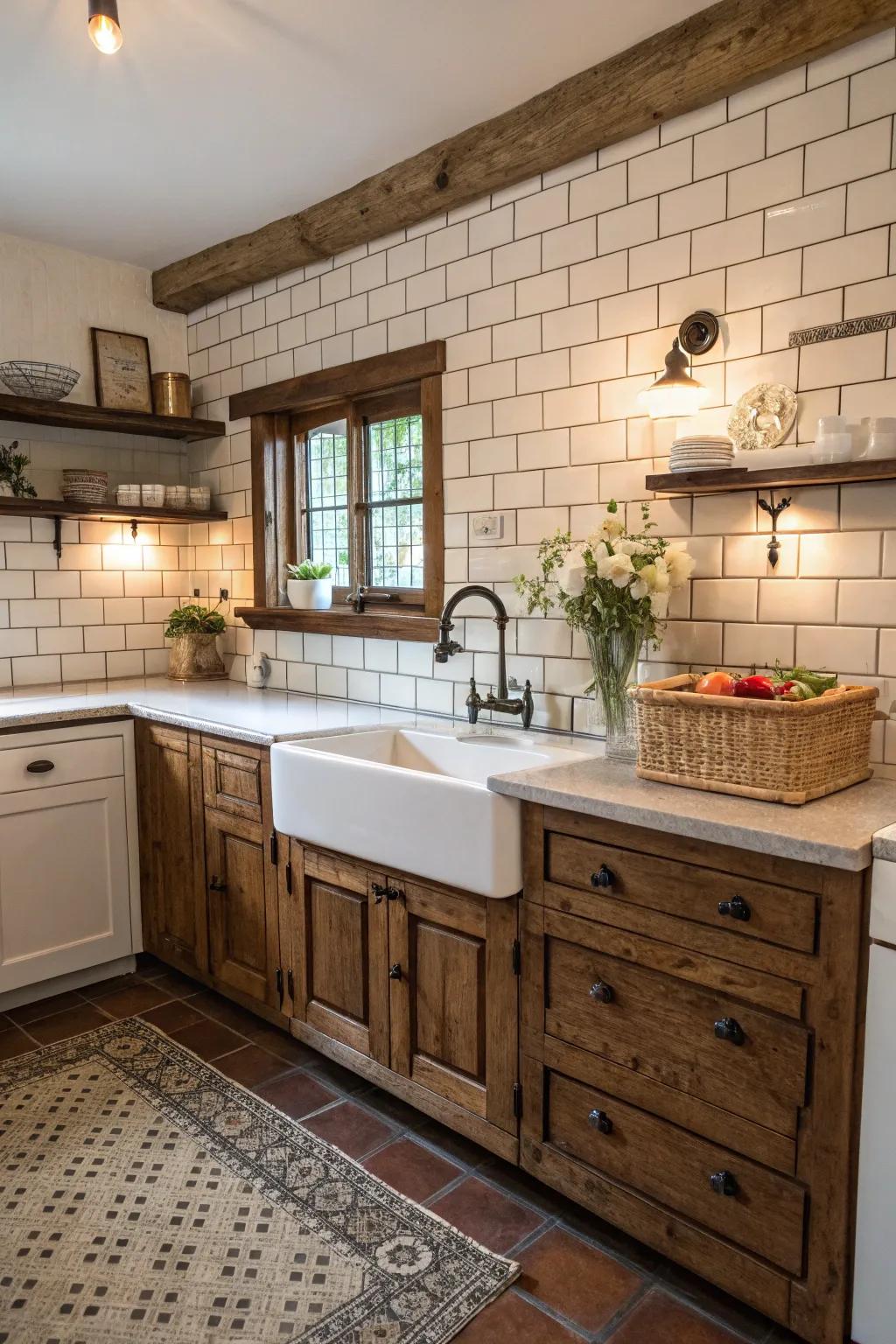 Dark brown grout for a rustic and cozy farmhouse feel.