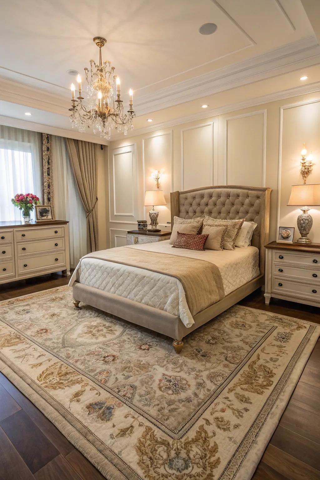 The 9x12 rug provides an elegant and cohesive foundation for a luxurious bedroom.