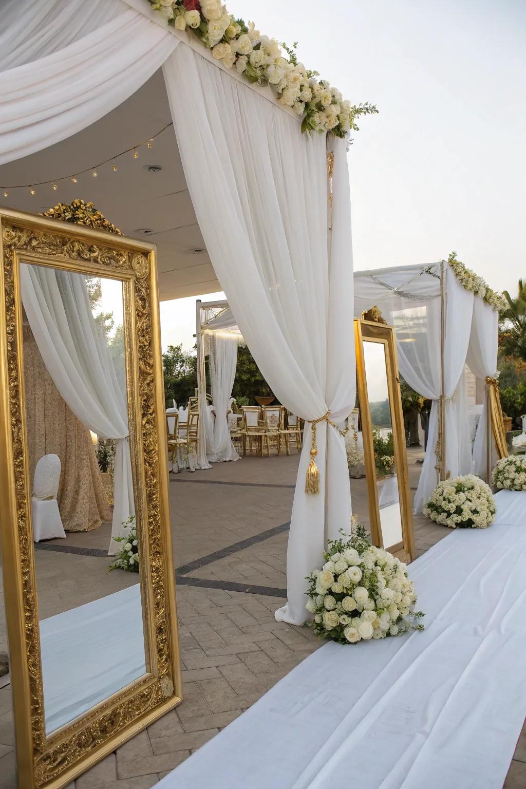 Grand decor with draped ceilings and gold accents.
