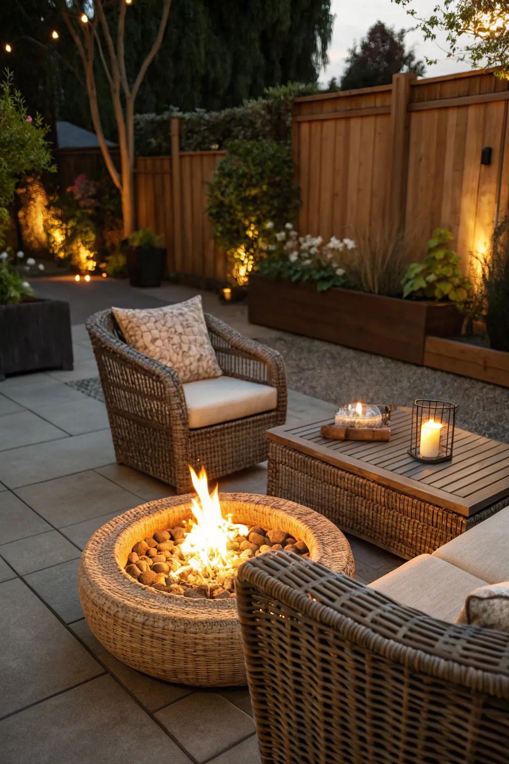 A cozy fire pit setting with wicker furniture.