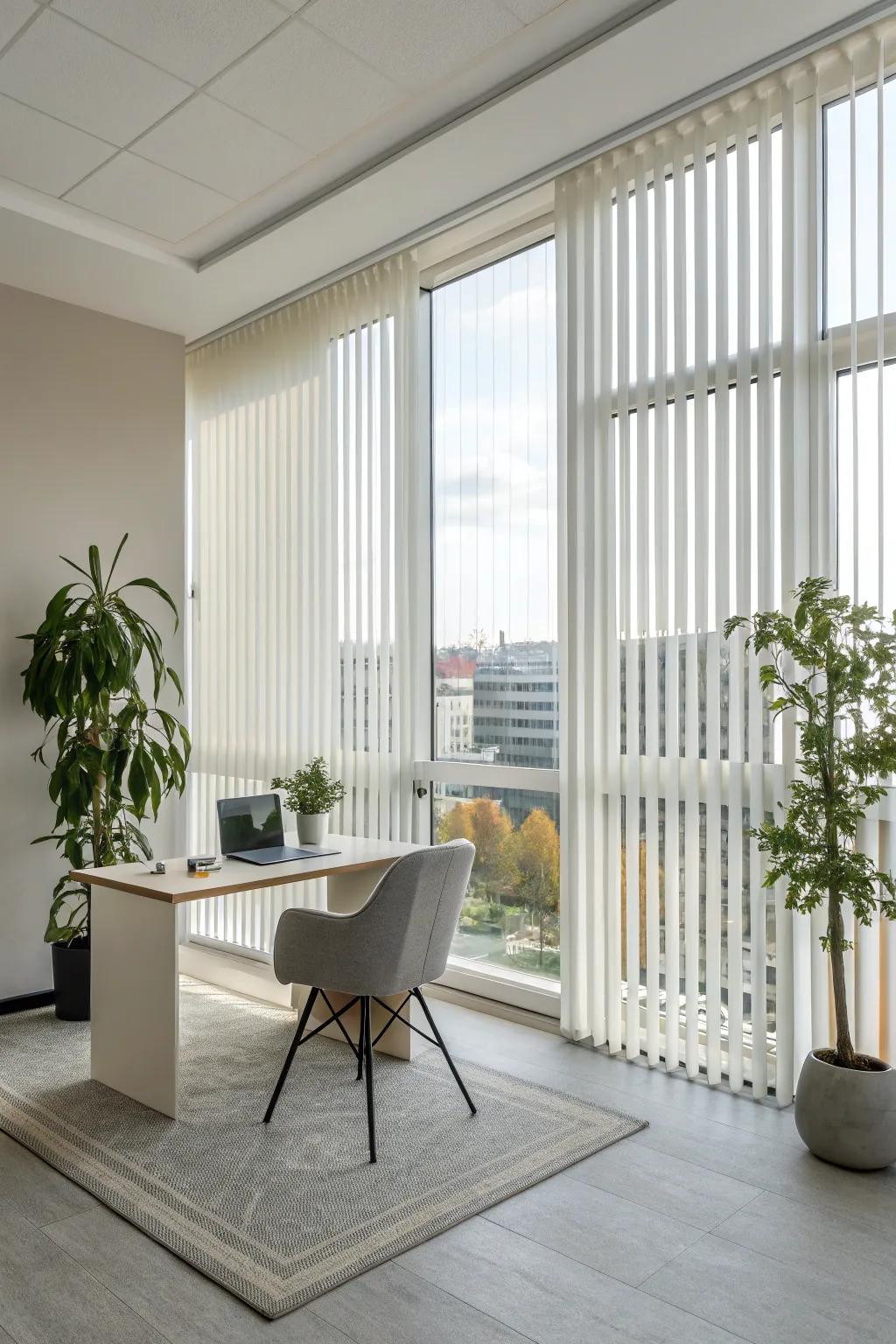 Vertical blinds offer a sleek, modern look for tall windows.