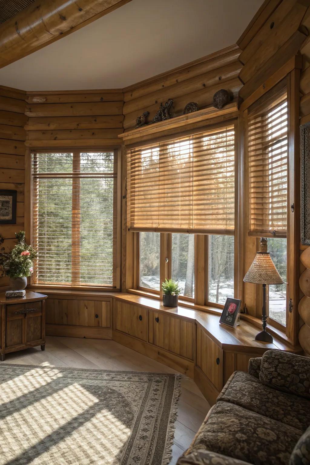 Wooden blinds bring warmth and elegance to bay windows.