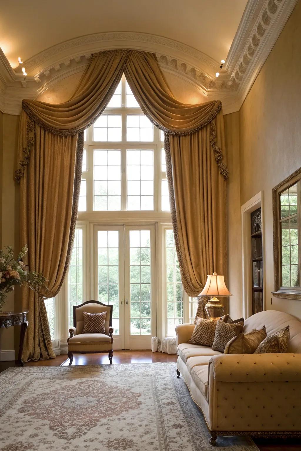 Floor-to-ceiling drapes add drama and elegance to casement windows.