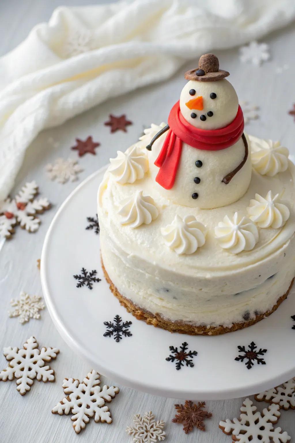 A playful snowman cake topper brings charm to this winter cake.