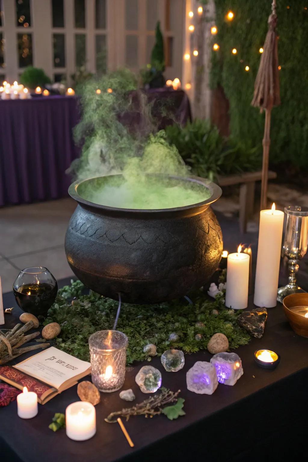 A cauldron centerpiece brings drama to the decor.