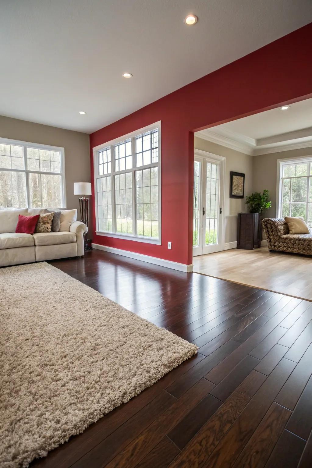 Contrasting colors in flooring transitions add boldness and define spaces.