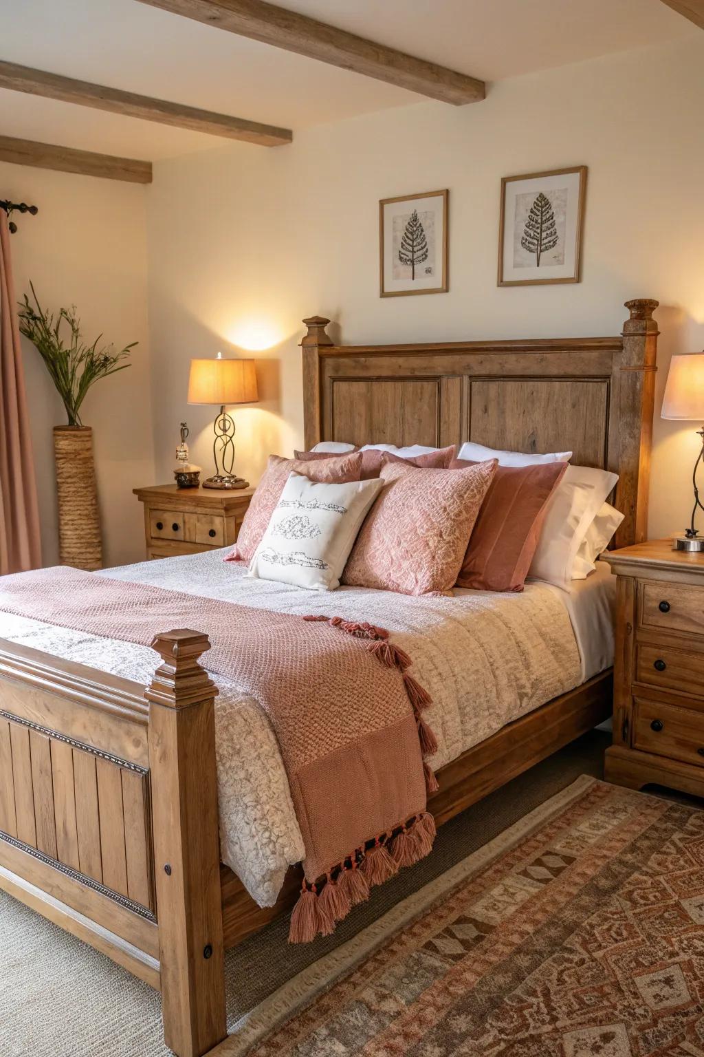 A cozy wooden bed with inviting decor.