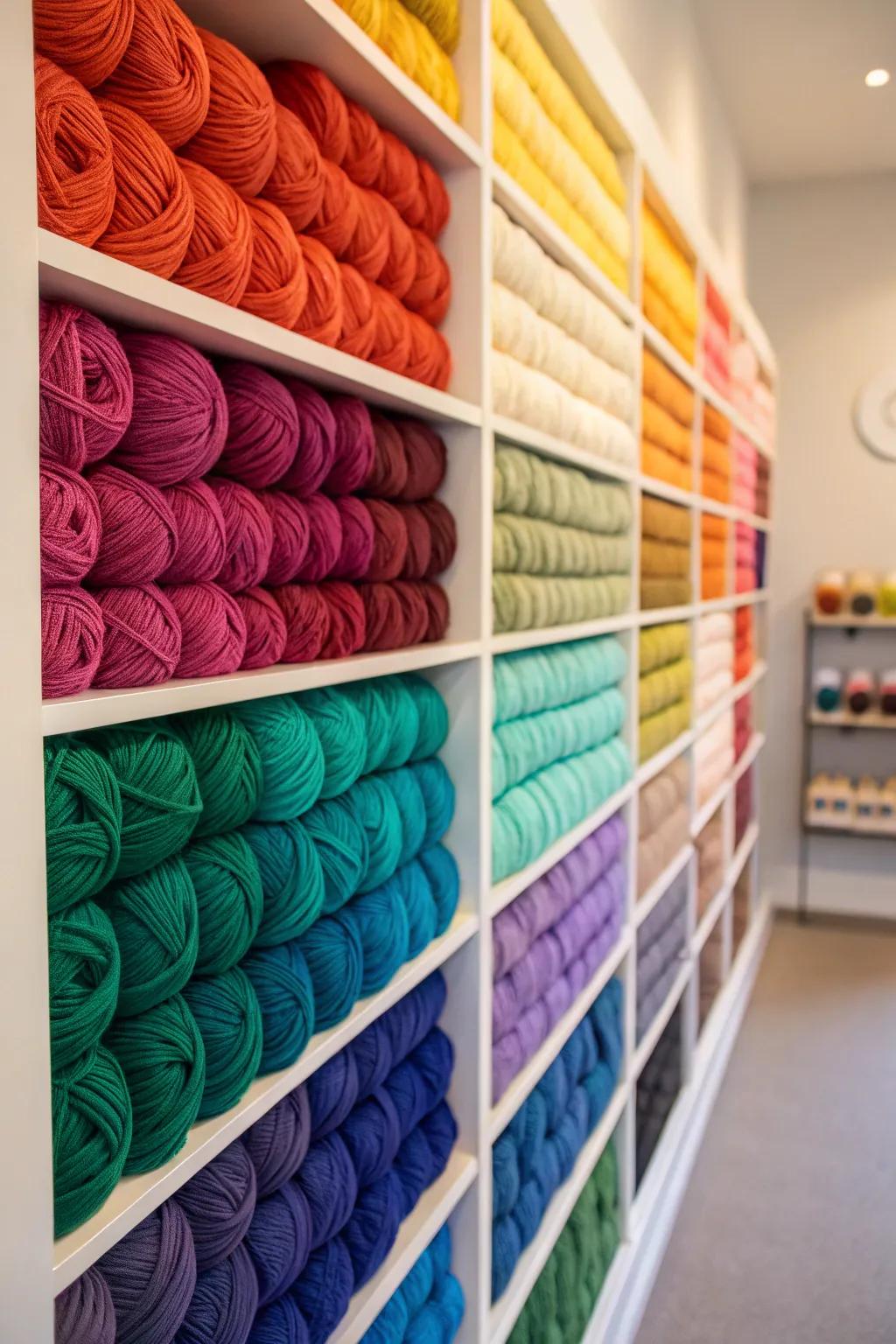 Organizing yarn by color creates a stunning and functional display.