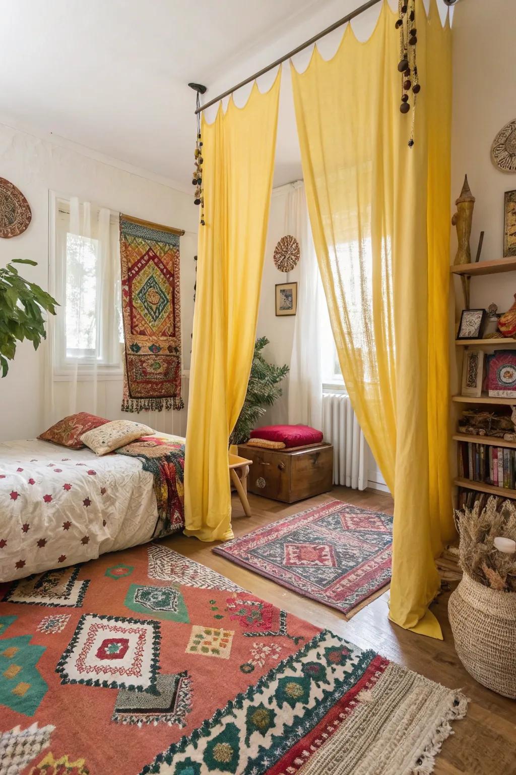 Yellow curtains enhance the bohemian vibe with eclectic decor elements in the bedroom.