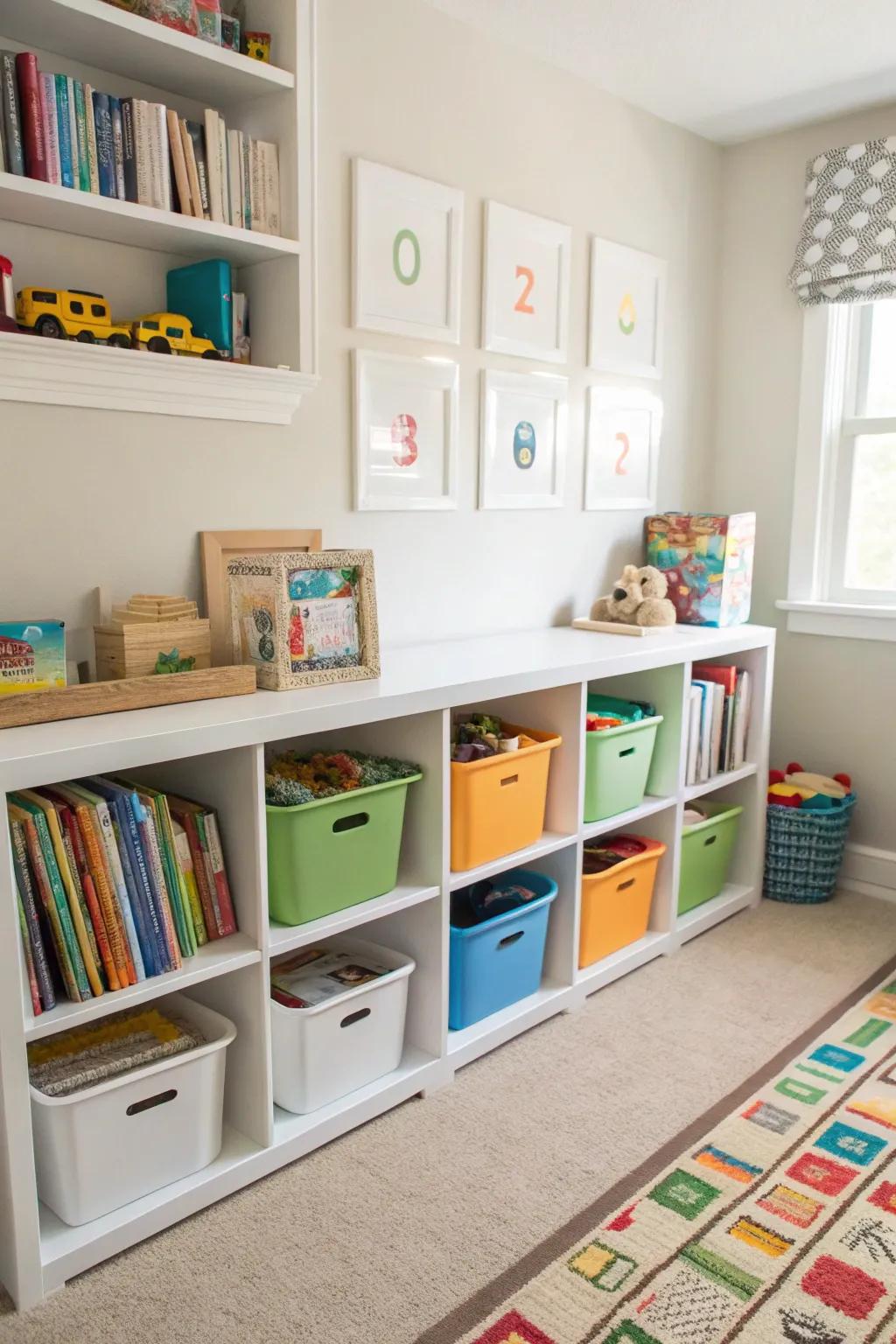 Functional storage keeps toys organized and within easy reach.