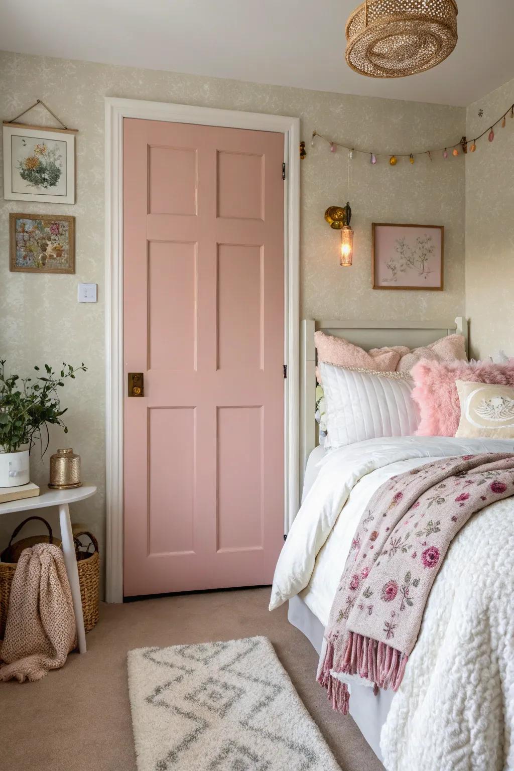 A pastel pink 6-panel door adds a touch of whimsy to this charming bedroom.