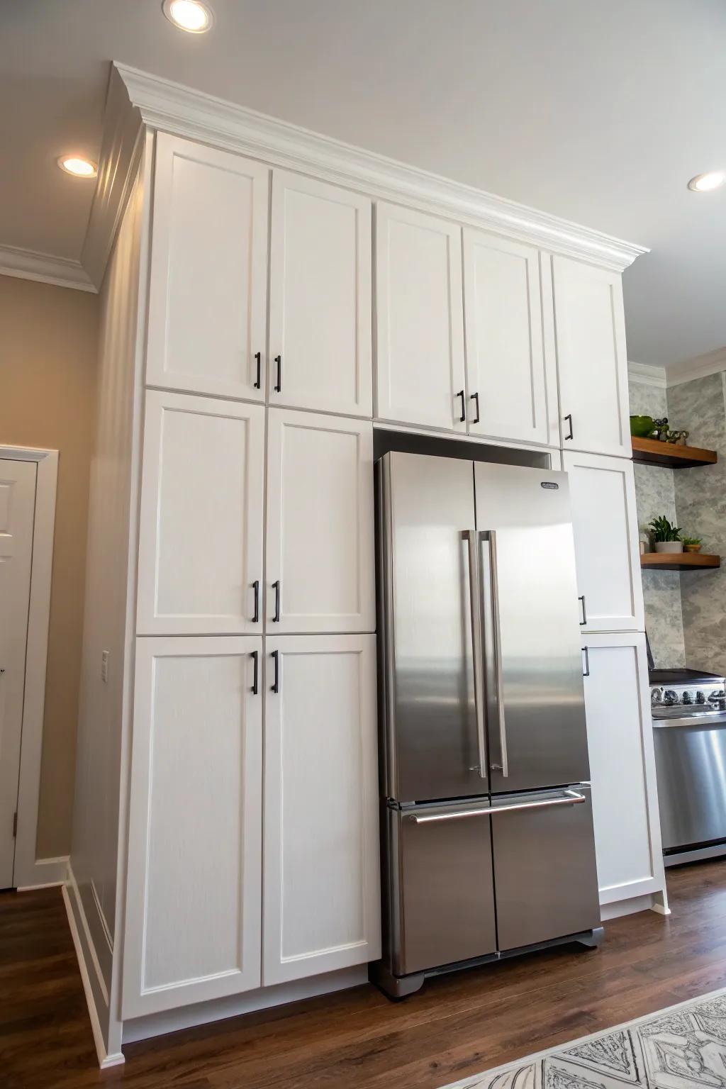 Tall cabinets maximize vertical space for increased storage.