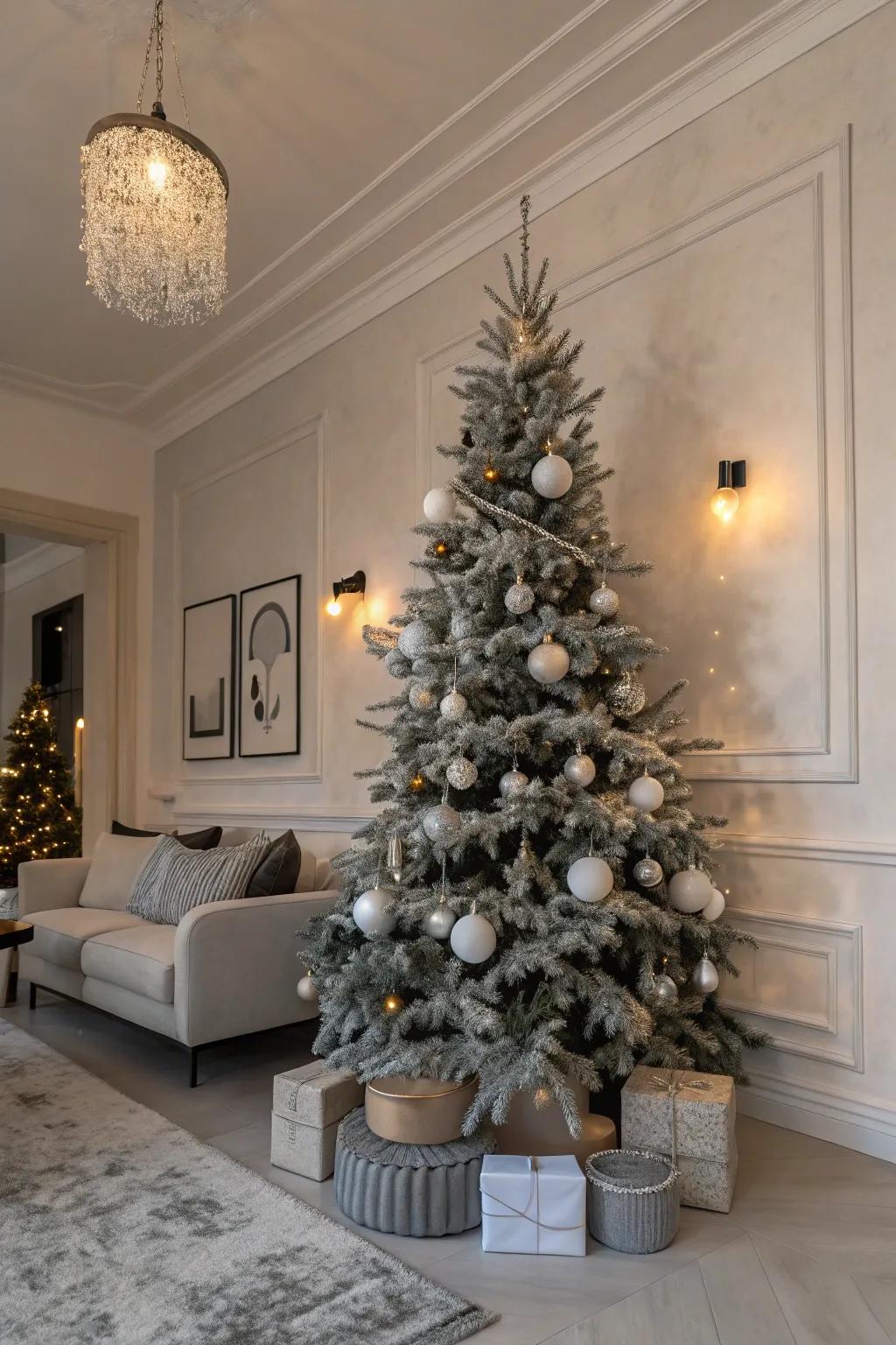 A chic and modern minimalist Christmas tree with monochromatic decorations.