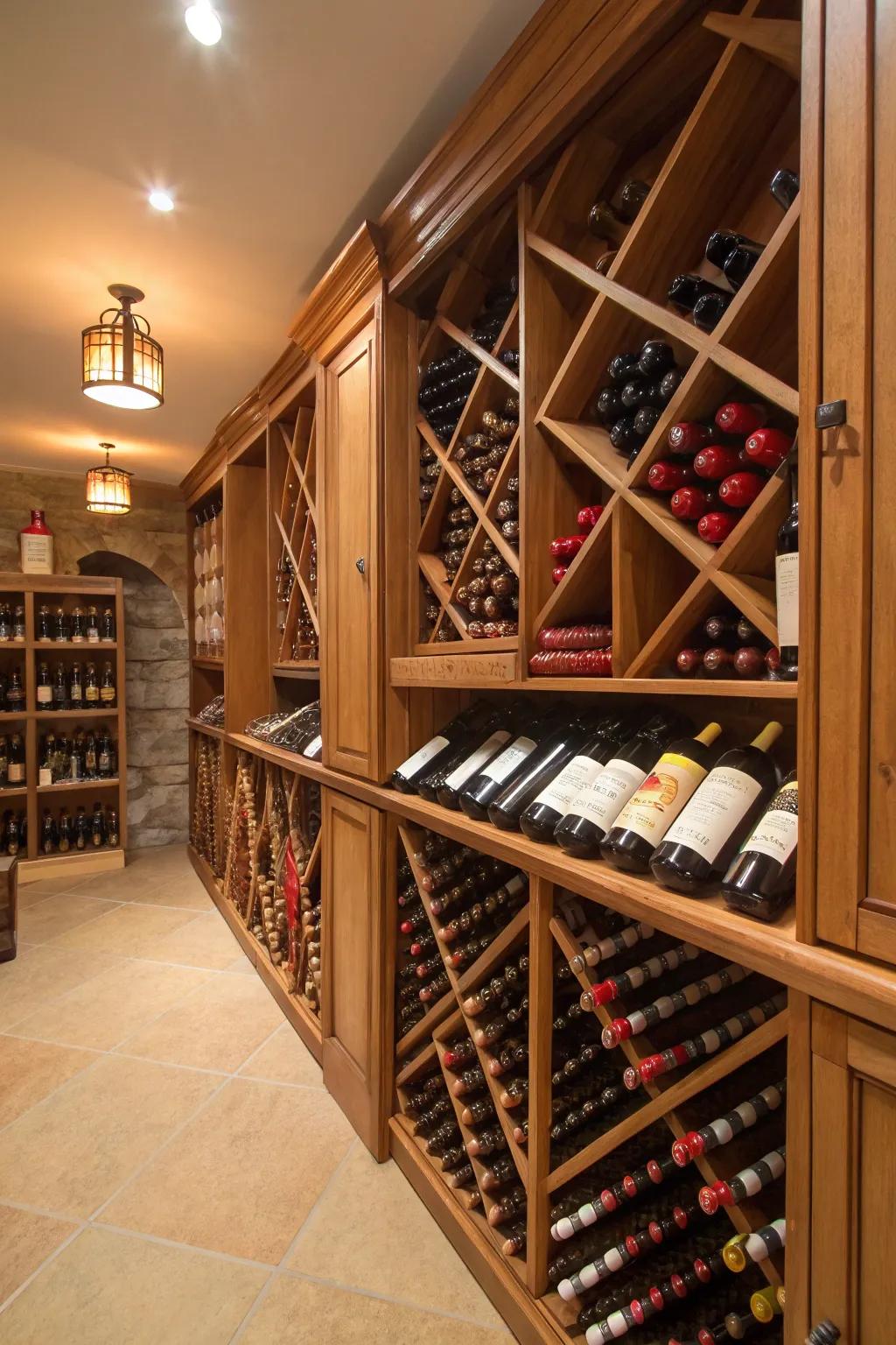 A beautiful wine cellar with wooden racks for an organized and climate-controlled storage.