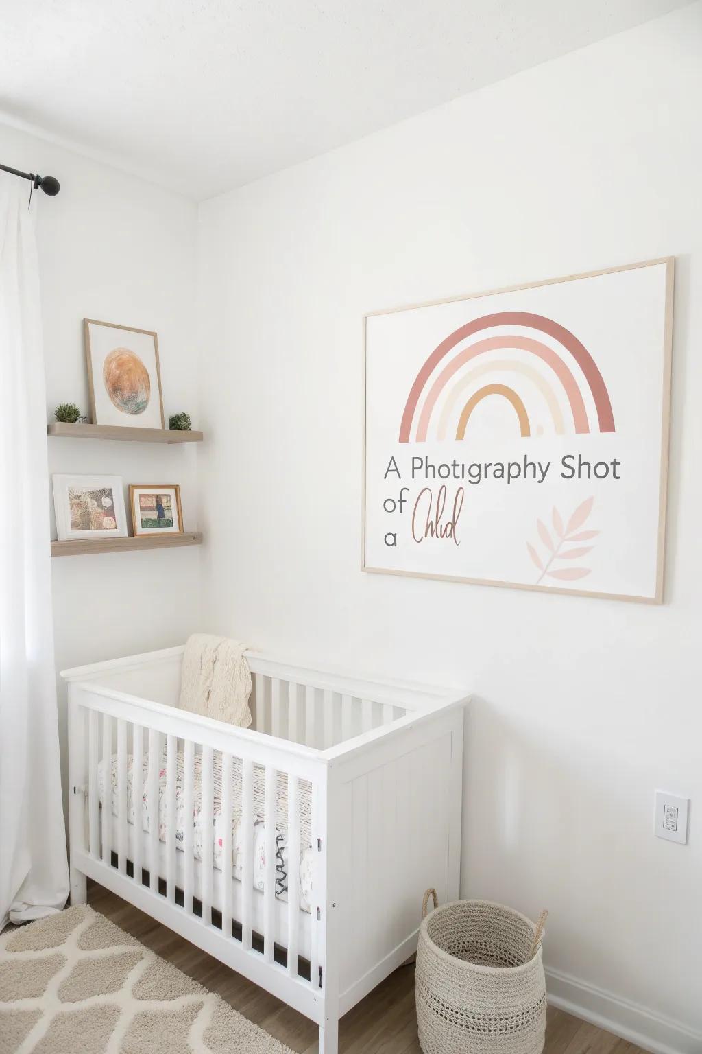 Minimalist wall decor adds personalized charm to a white nursery.