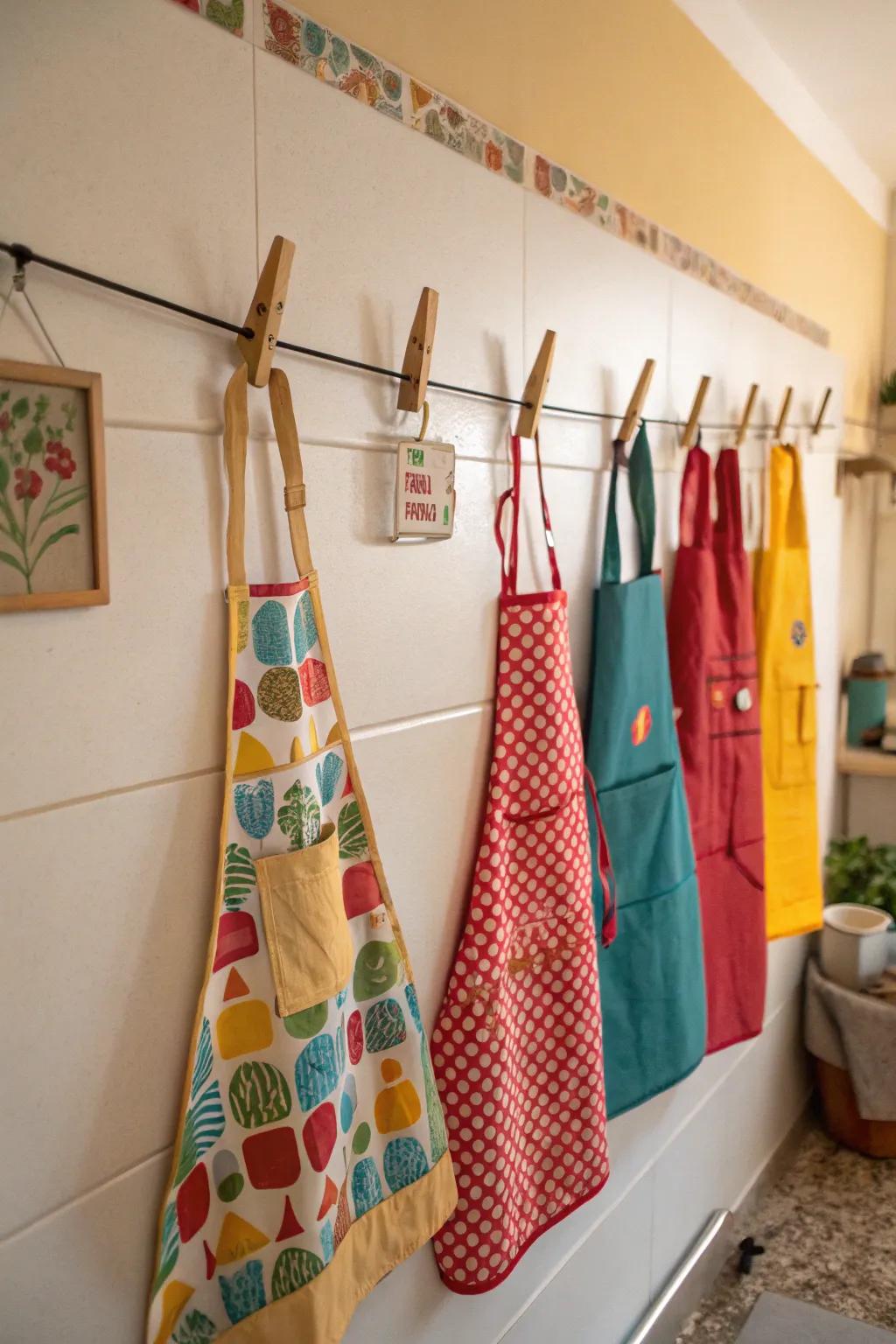 A colorful clothesline of aprons brings nostalgia and charm.