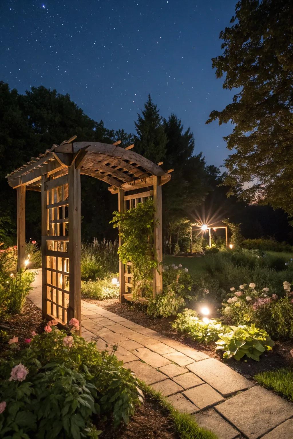 An illuminated arbor creating a magical nighttime garden ambiance.