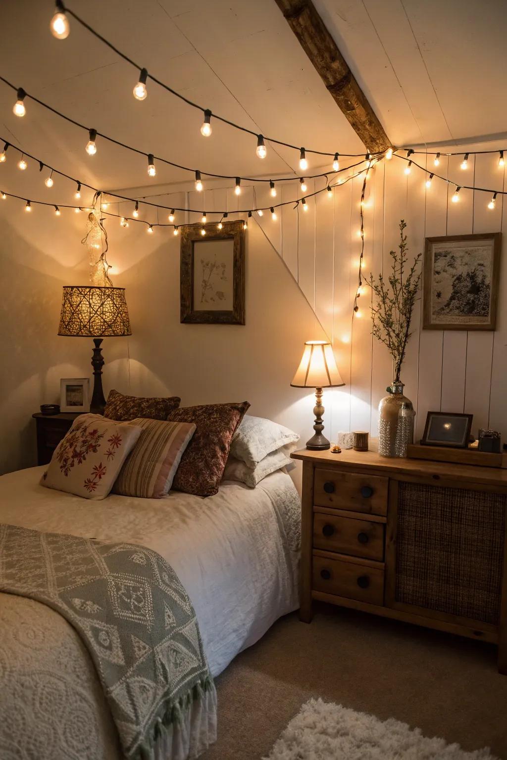 Cozy lighting enhances the artistic atmosphere of your bedroom.