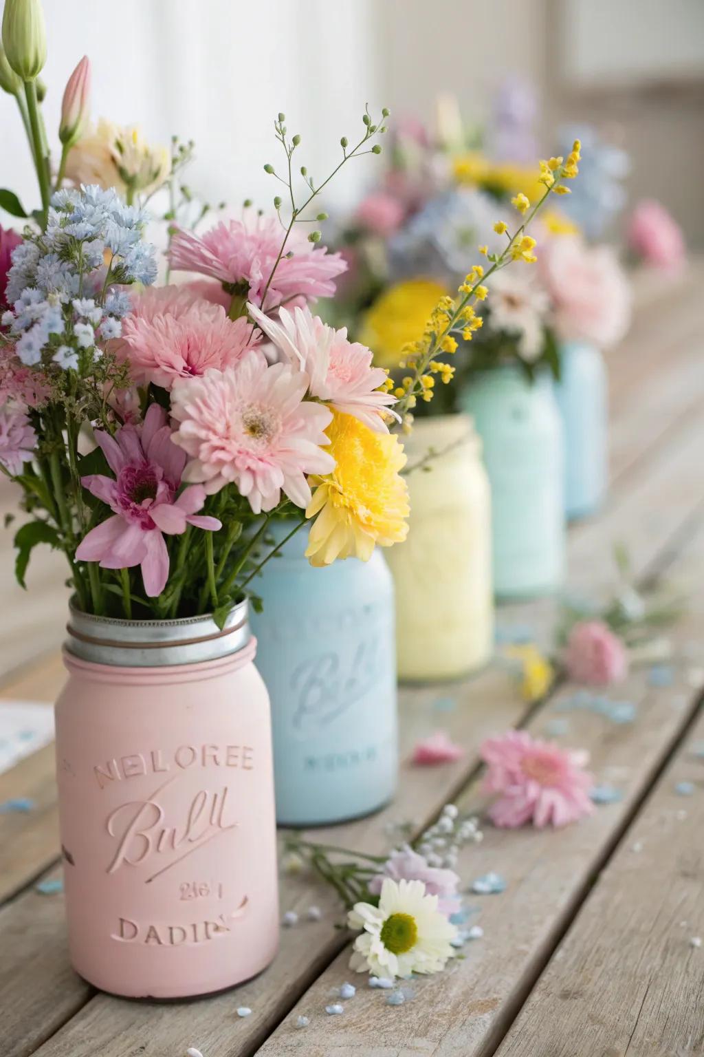 Charming mason jar centerpieces with fresh blooms.