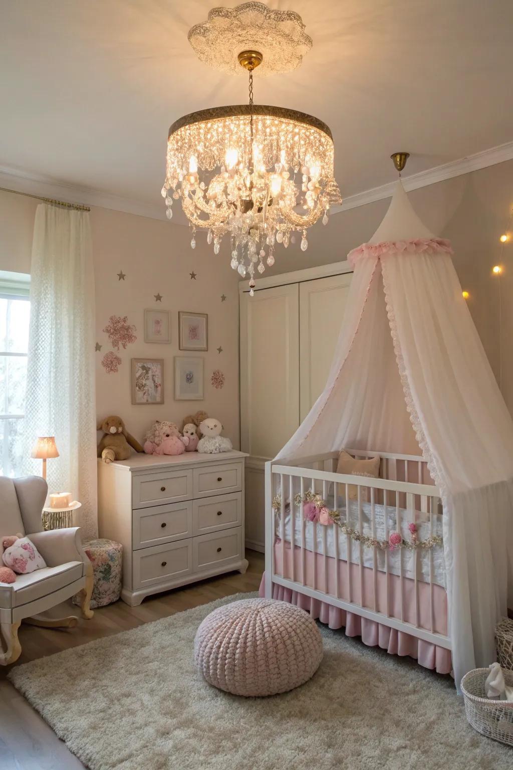 A chandelier adds elegance and warmth to the nursery.