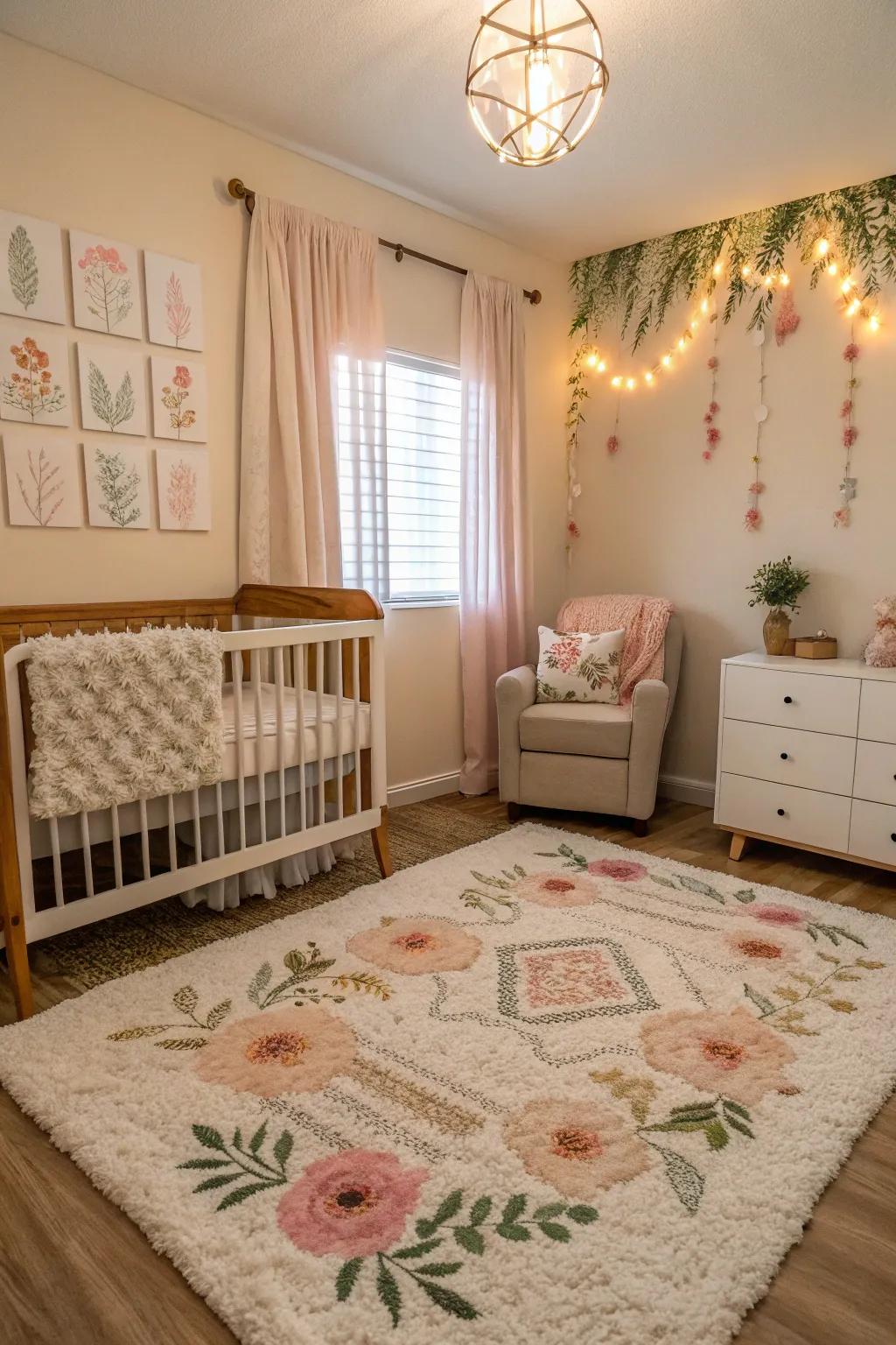 A textured rug provides comfort and warmth in the nursery.