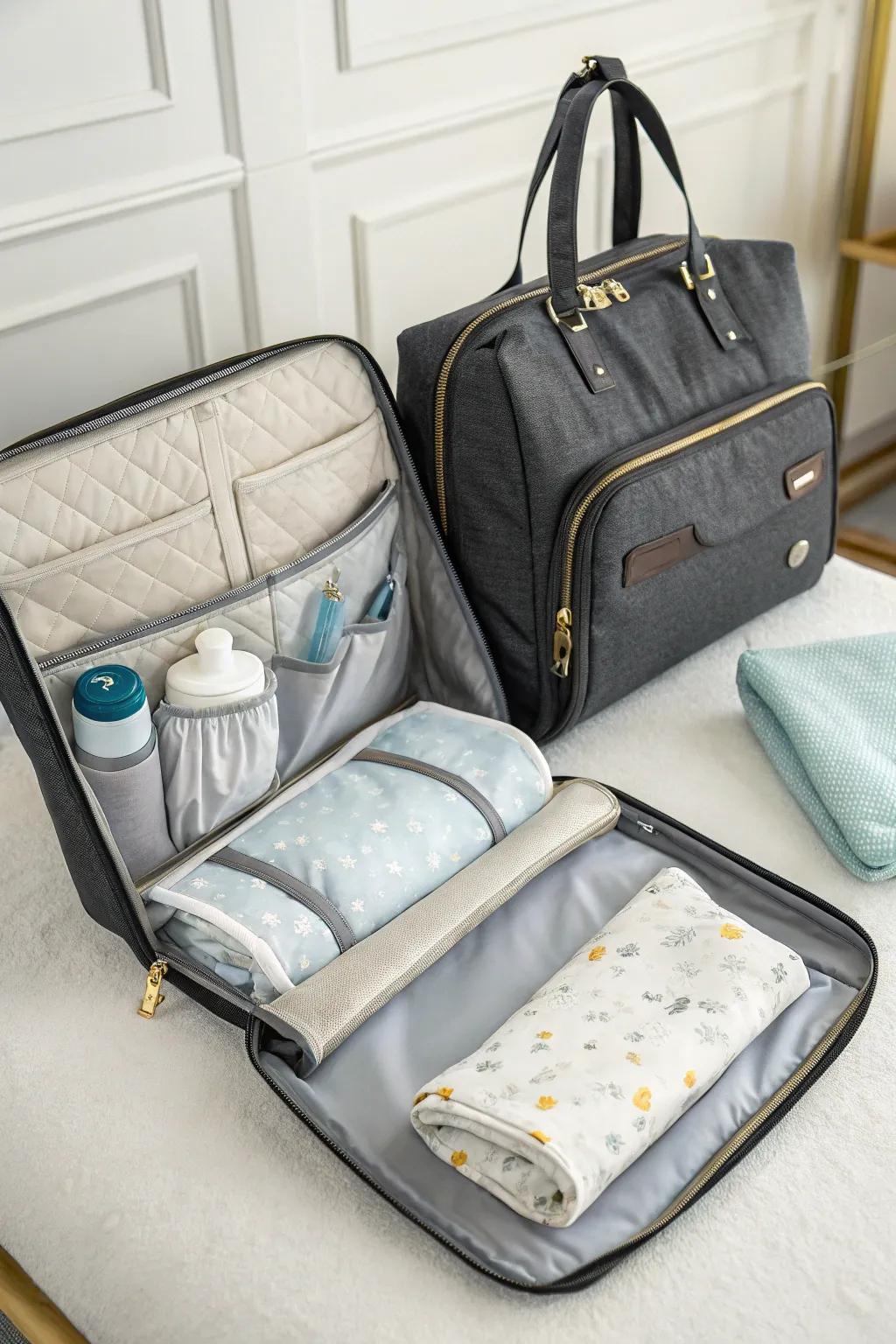 A compact changing pad ensures convenience on the go.