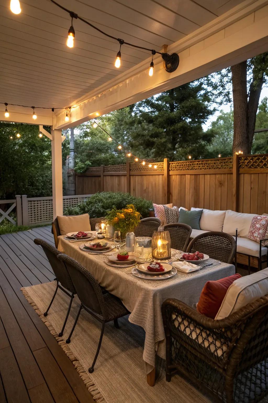 Enjoy outdoor dining on your beautifully set back porch.