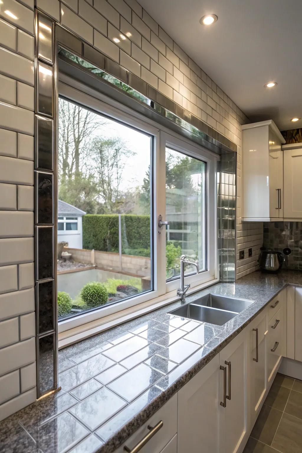 Stainless steel tiles framing a kitchen window for a modern aesthetic.