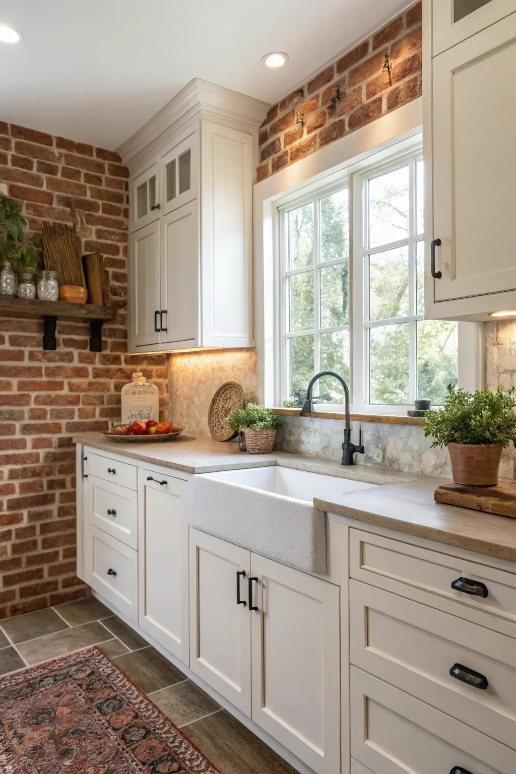 Brick backsplash adds warmth and a rustic feel