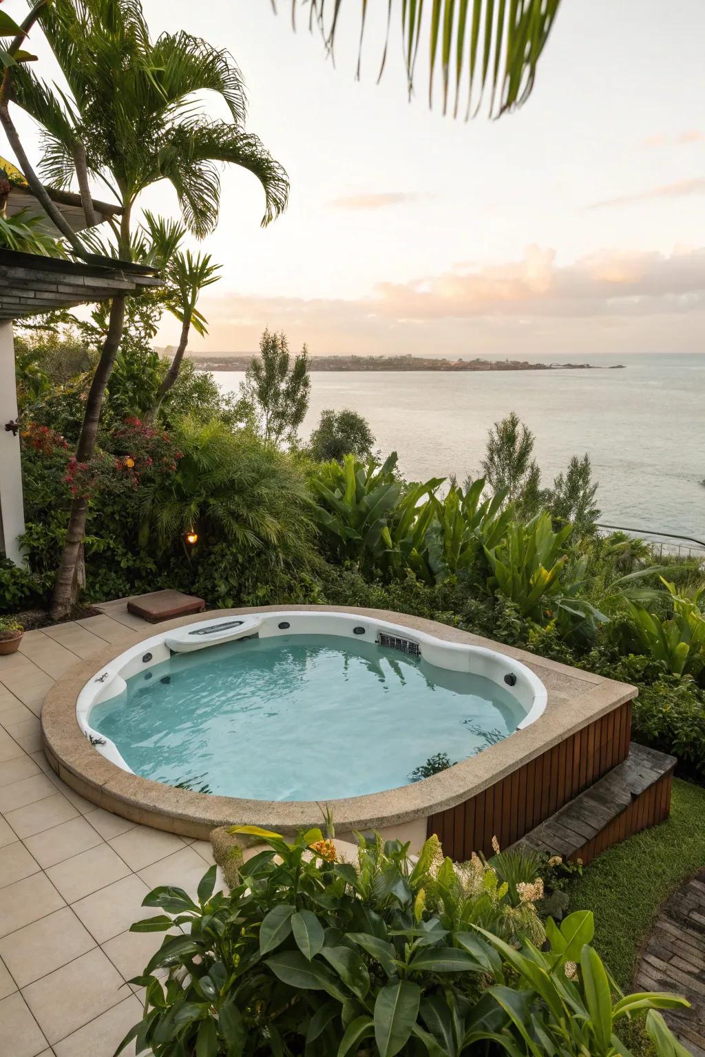 A raised hot tub adds luxury and interest to the pool design.