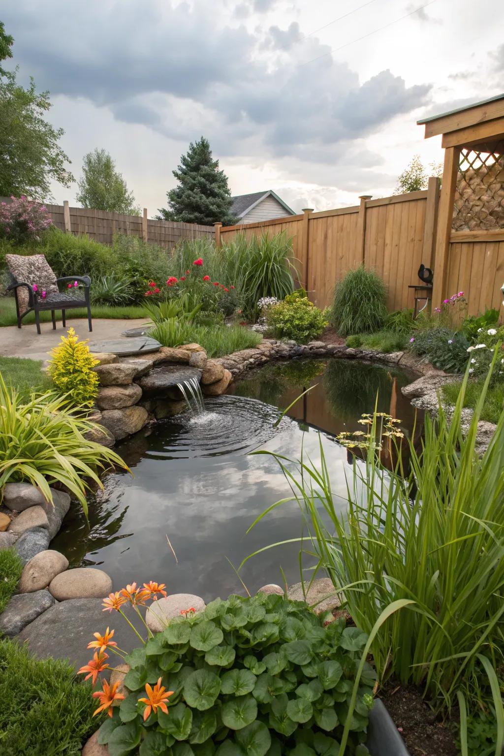 A tranquil water feature enhances relaxation.