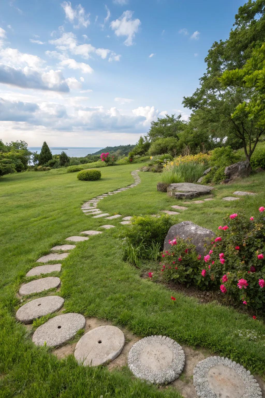 Circular arrangements add artistic flair to stepping stone paths.