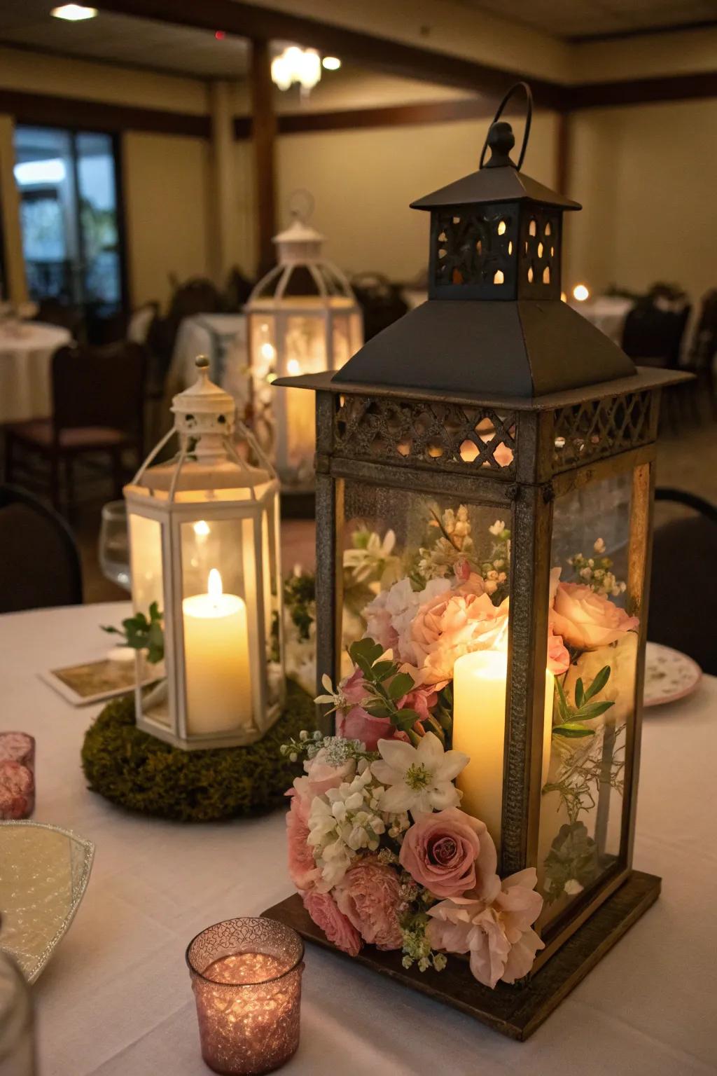 Flower-filled lanterns exude warmth and charm.