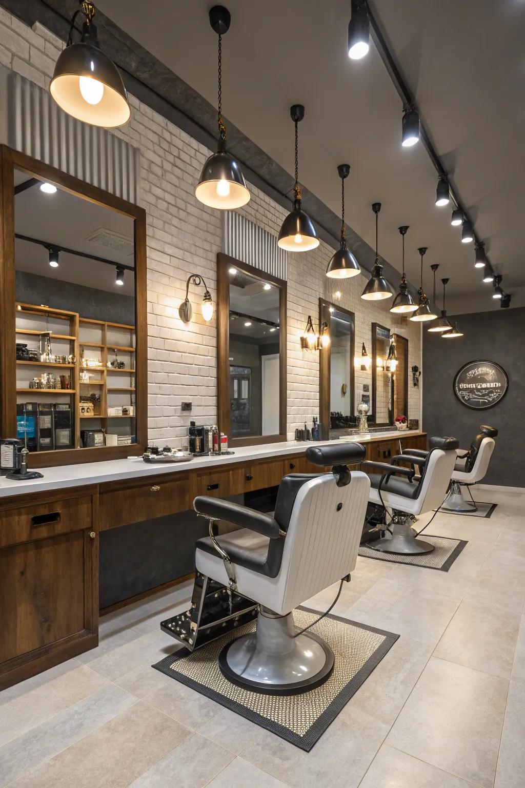 Minimalist lighting creating a clean and modern barbershop environment.