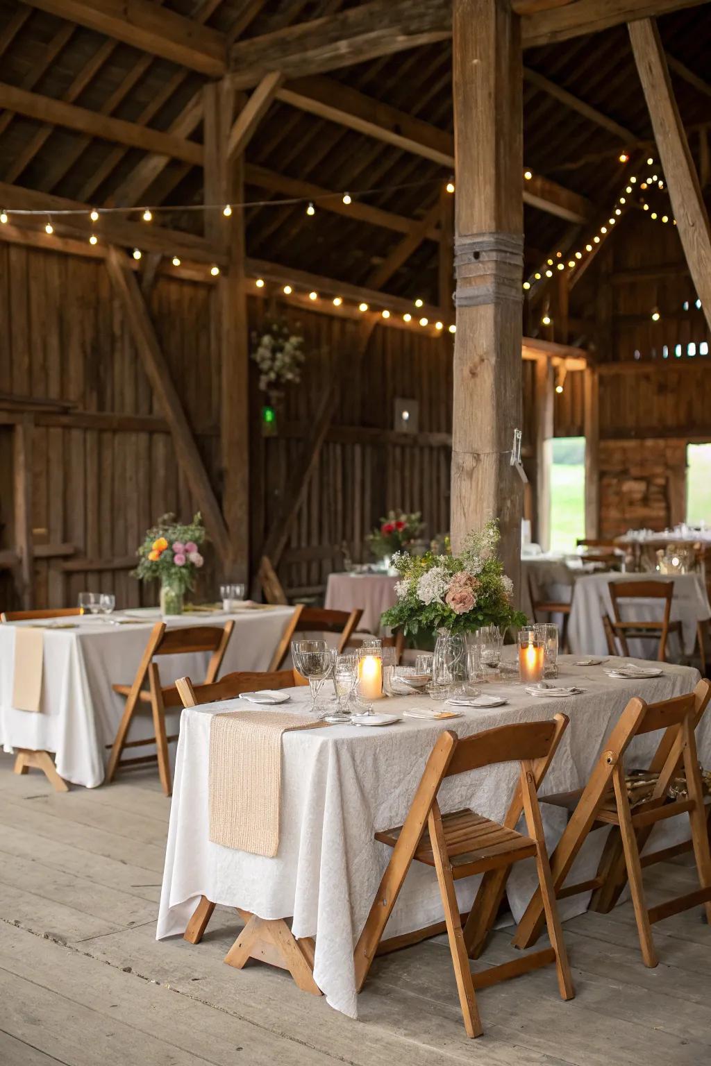 Rustic wooden furniture fits perfectly in a barn dance setting.