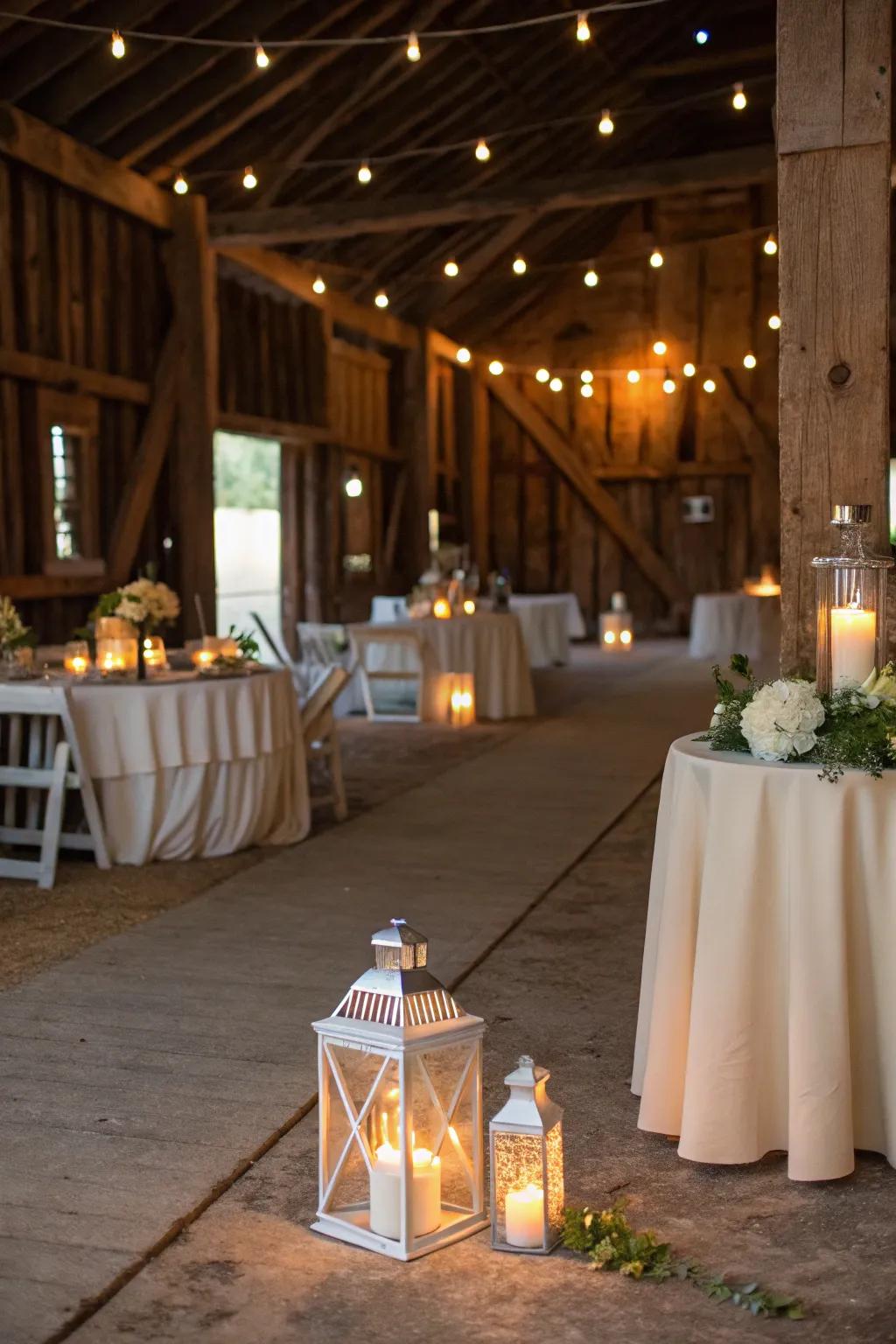 Lanterns and candles enhance the cozy feel of barn settings.