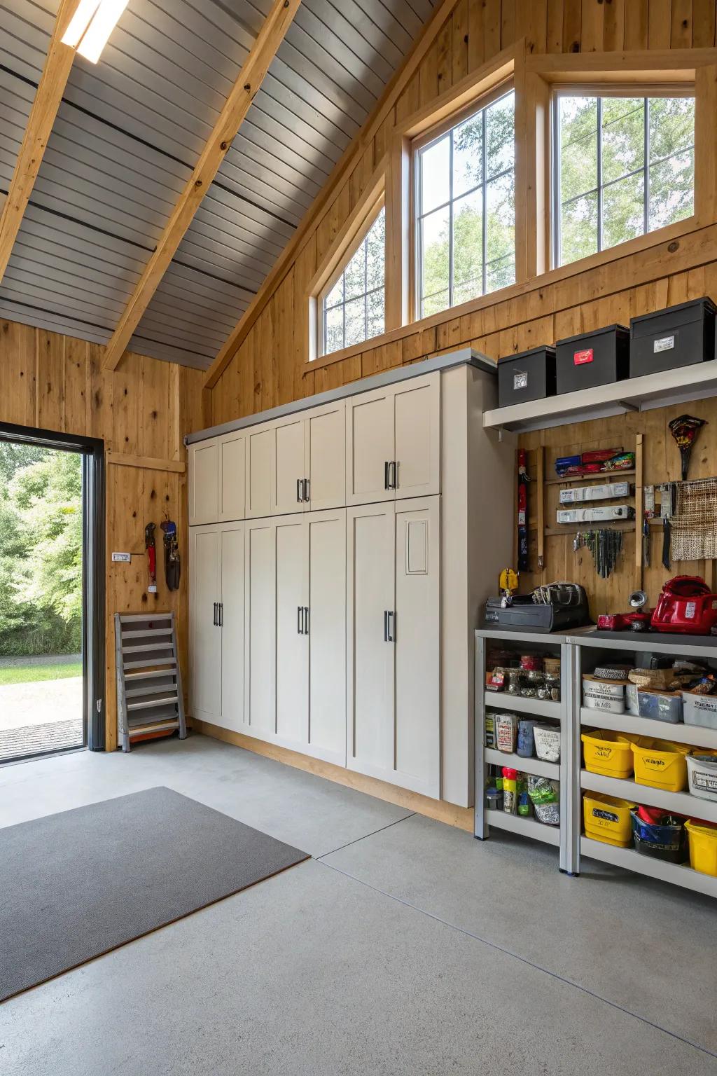 Cabinets and shelves keep the barn garage organized and tidy.