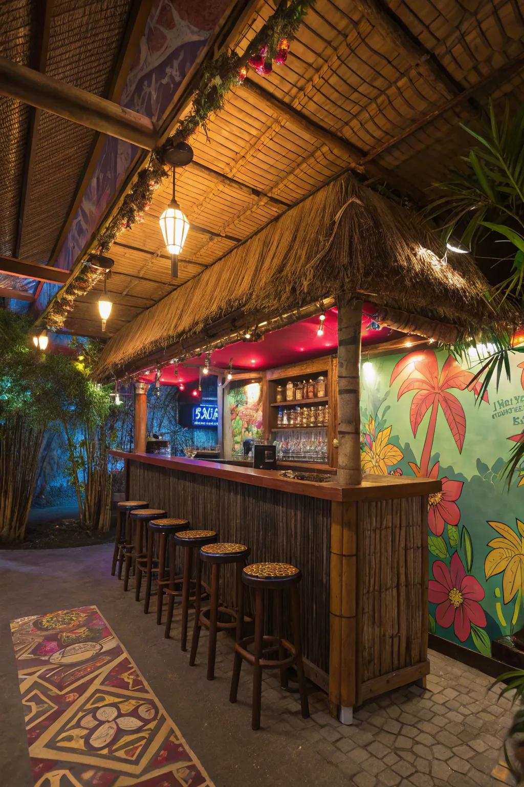 Escape to a tropical paradise with a tiki bar setup.