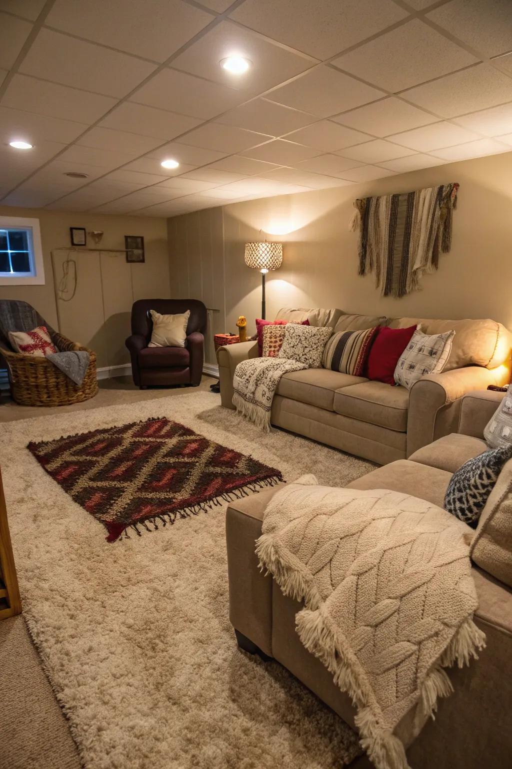 Soft textiles enhance the comfort of this cozy basement.