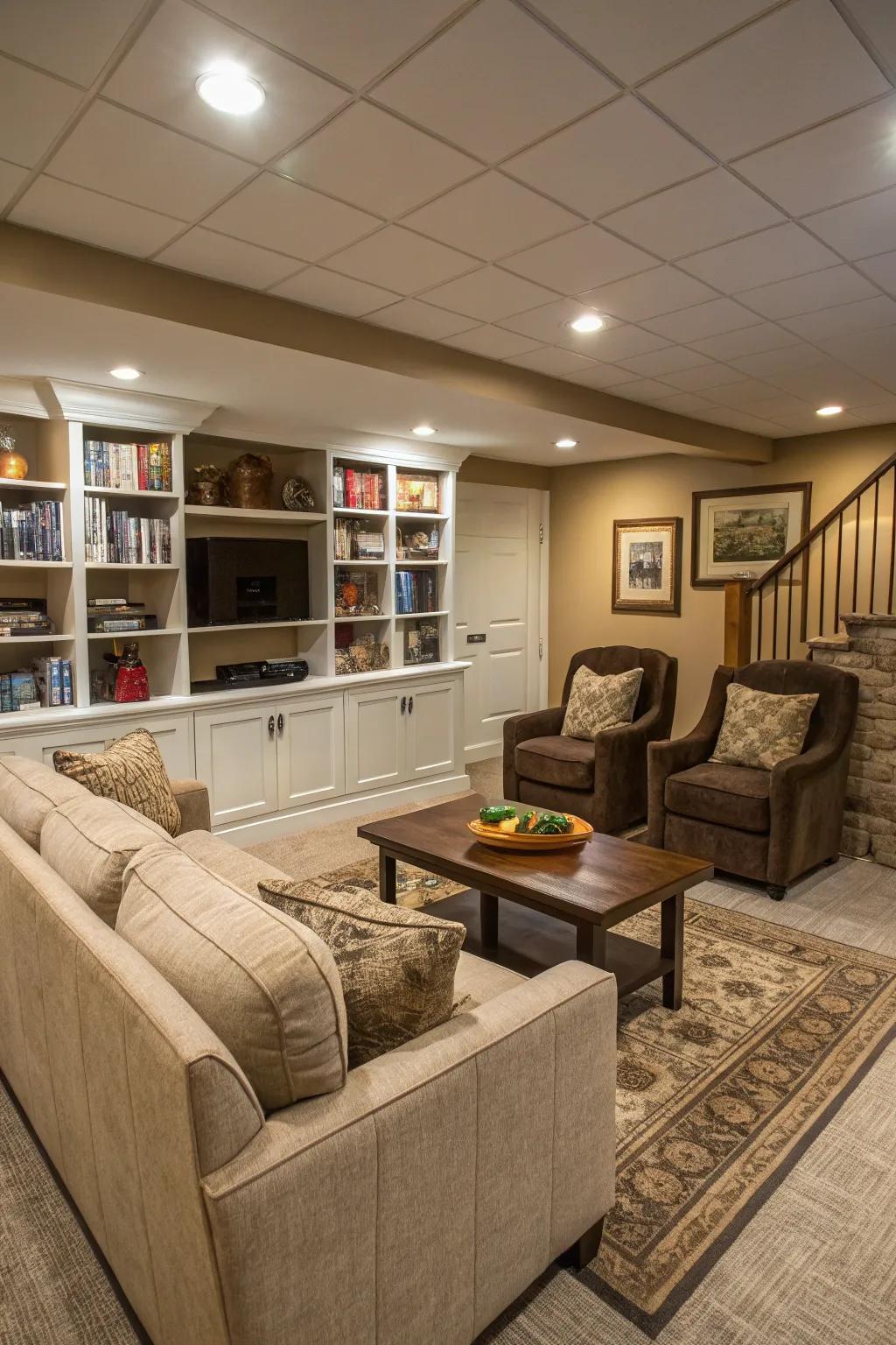 A multi-use basement space enhances livability and functionality.