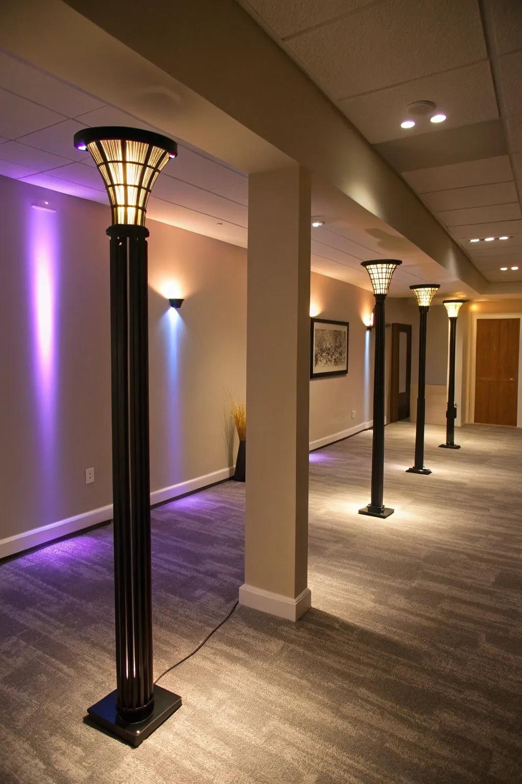 Mood lighting fixtures enhance the ambiance of basement poles.