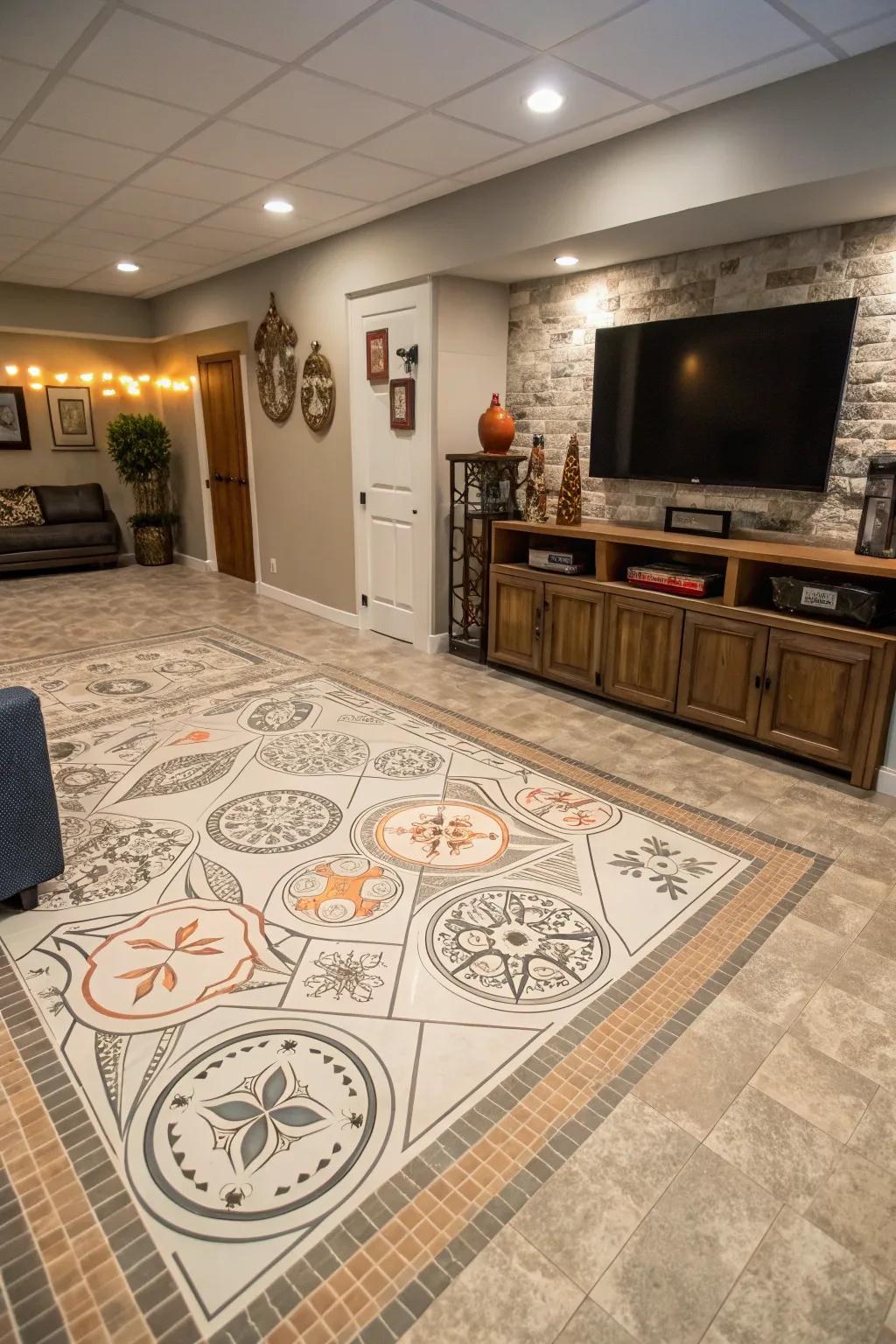 Vinyl tiles allow for creative flooring designs.