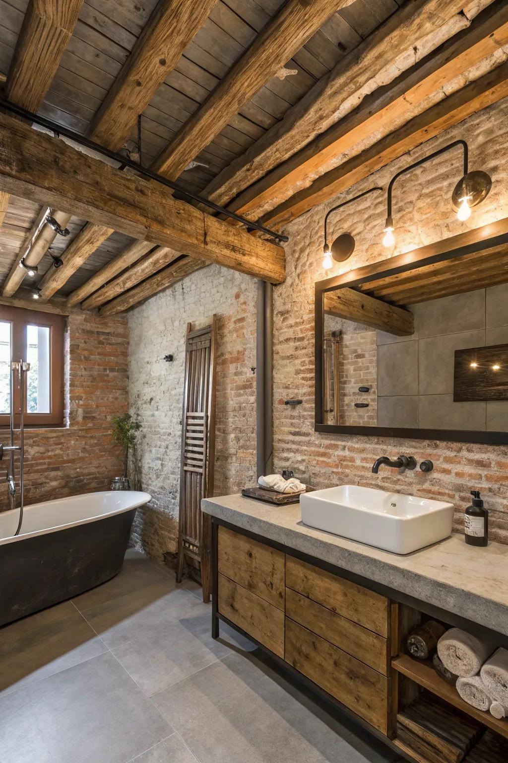 Exposed beams add character and a rustic touch to your bathroom decor.