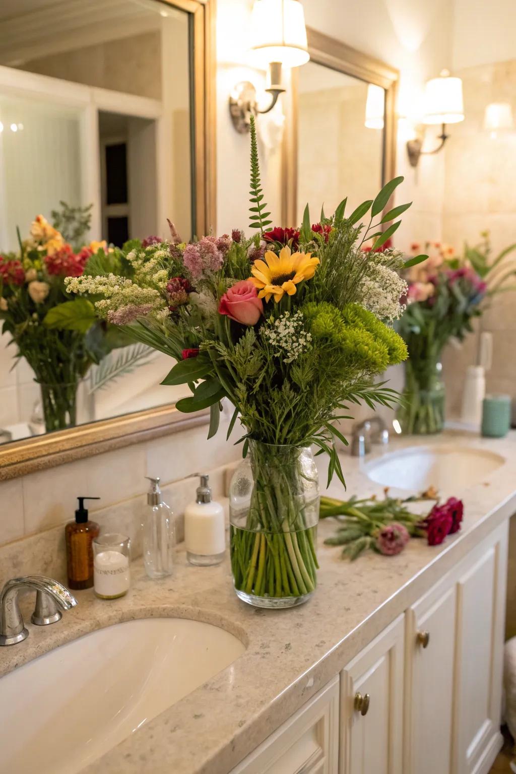 Mix and match vases for an artistic touch on your bathroom counter.