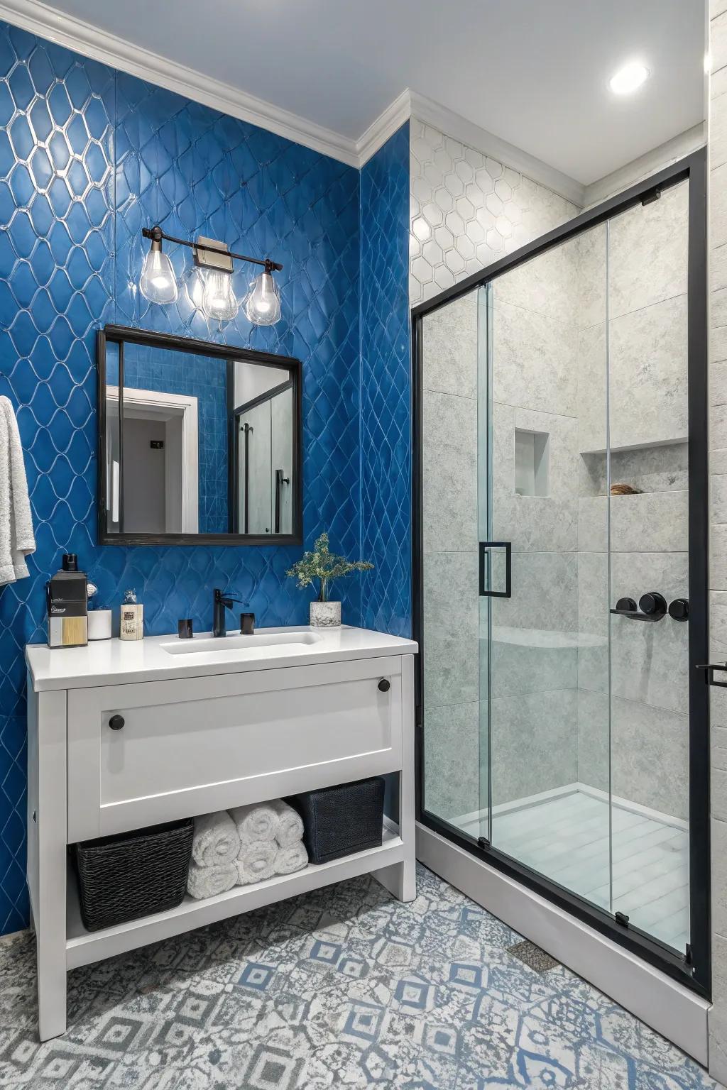 A bold and textured bathroom with vibrant blue walls.