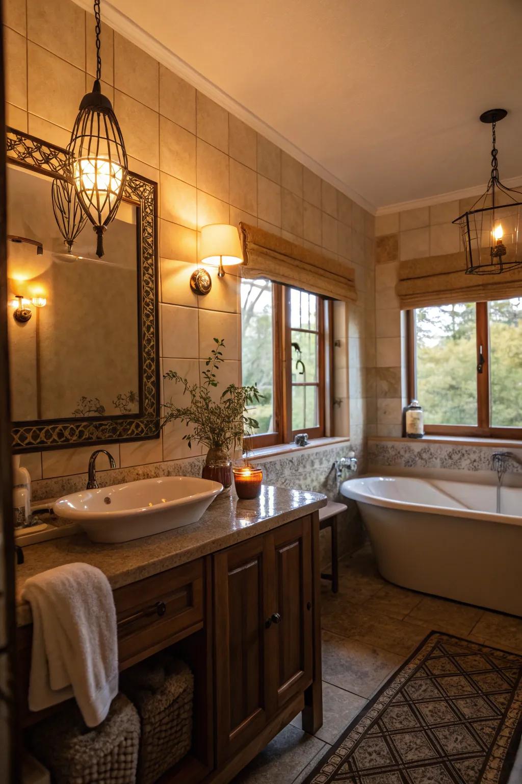 A bathroom with ambient lighting that exudes warmth and relaxation.