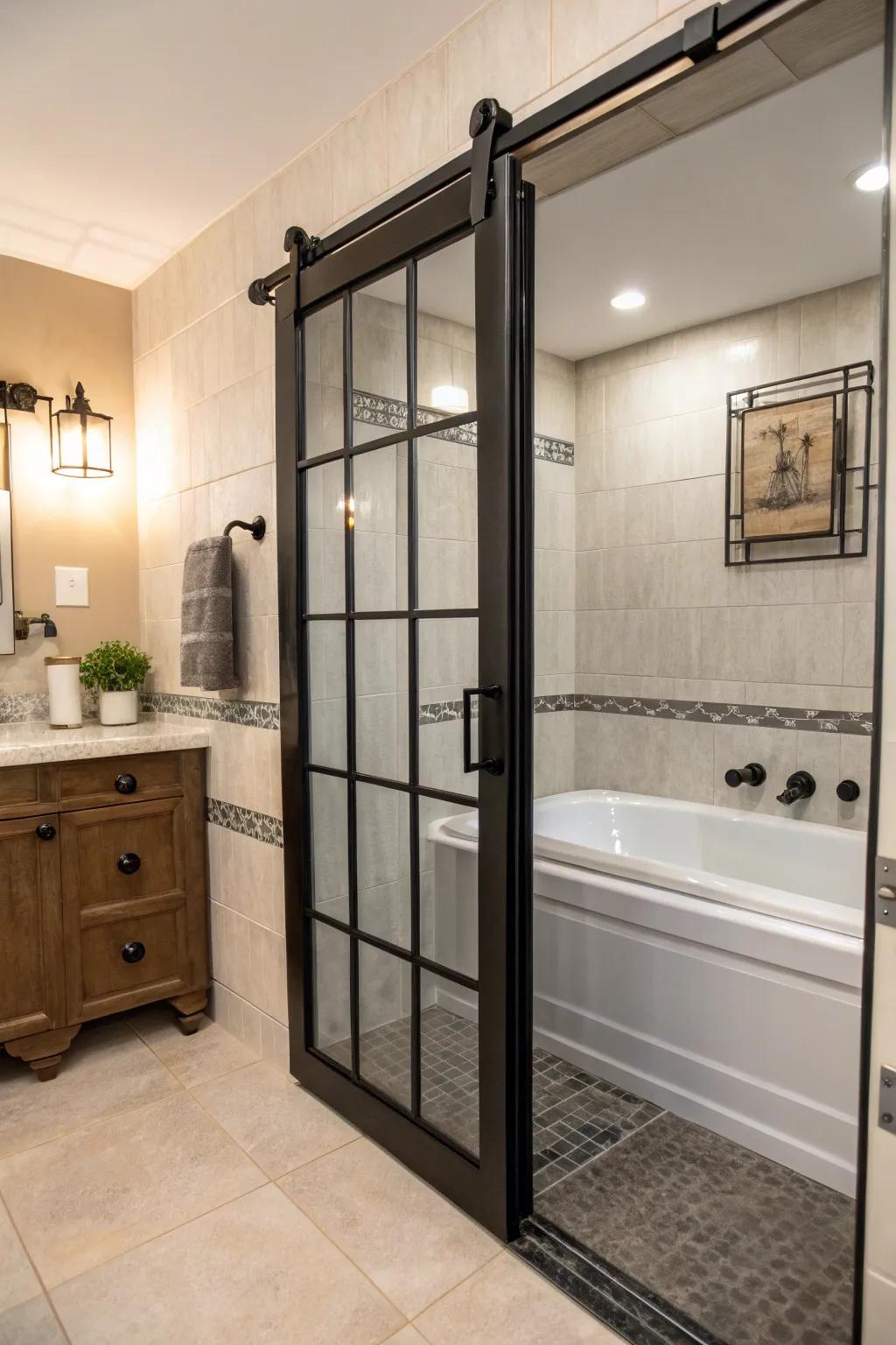 Black metal accents add a bold, modern touch to bathroom designs.