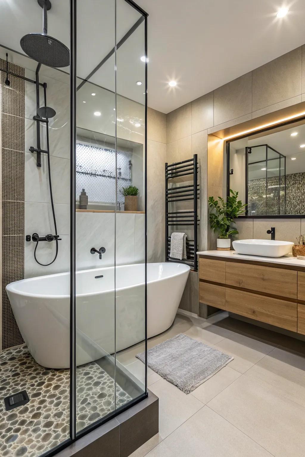 A bathtub in a glass enclosure combines functionality with modern style.