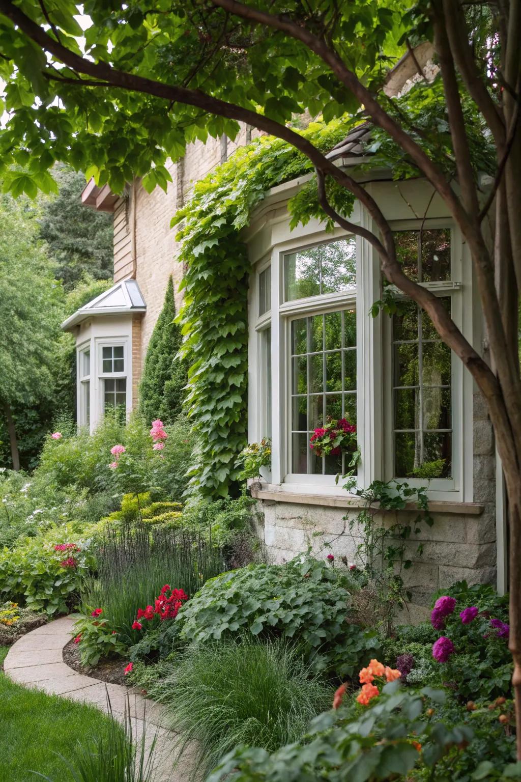 Tall plants adding height and elegance to a bay window landscape.