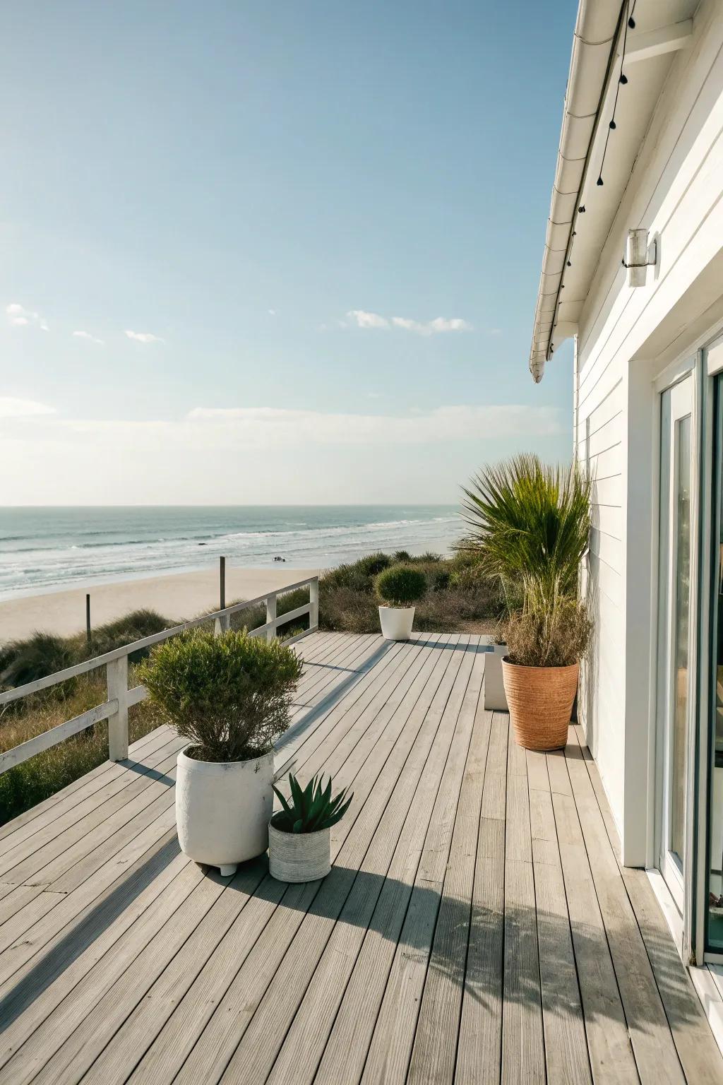 A sleek wooden deck offering stunning views of the ocean.